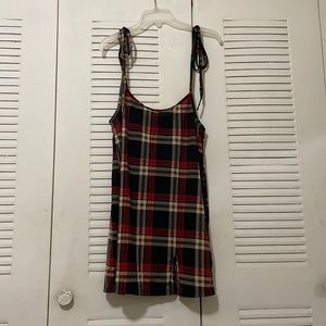 SHEIN plus tied shoulder split hem tartan overall dress